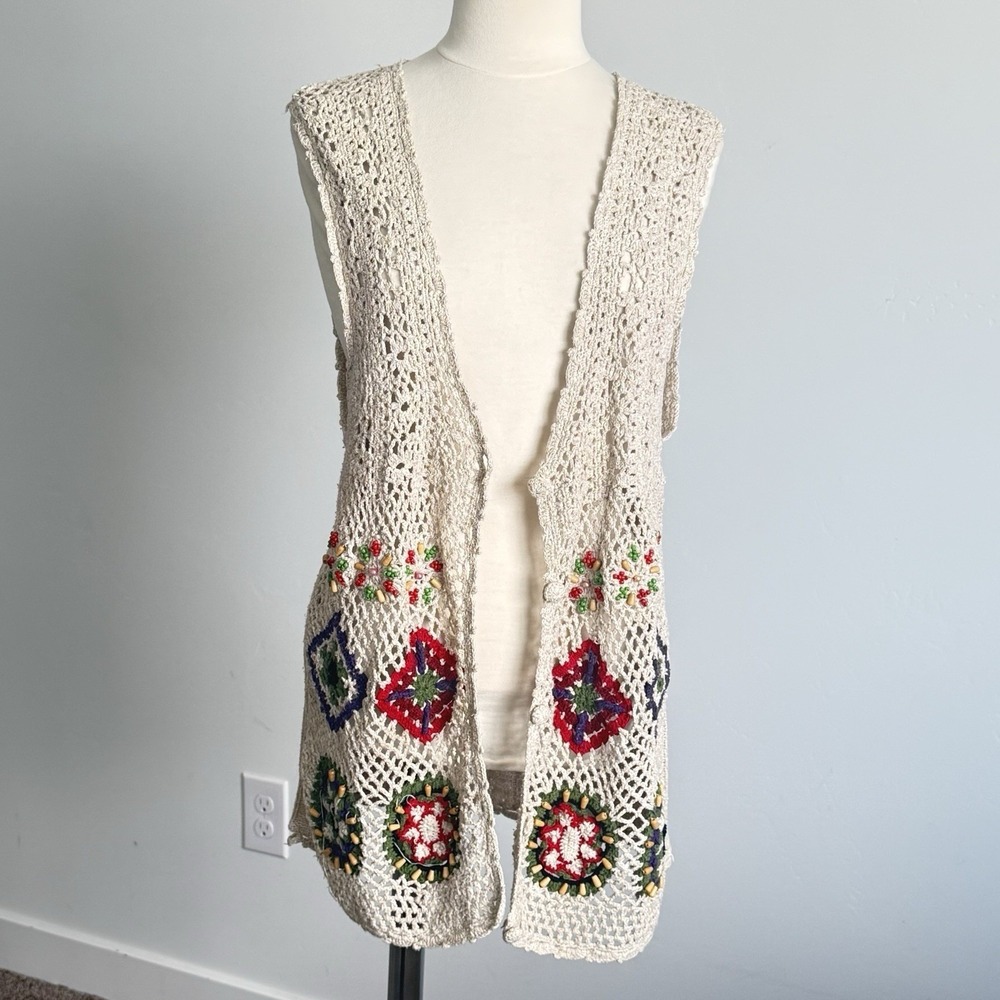 Crochet Granny Square Vest M Beaded Hippie Boho Indie Whimsical Artsy Festival